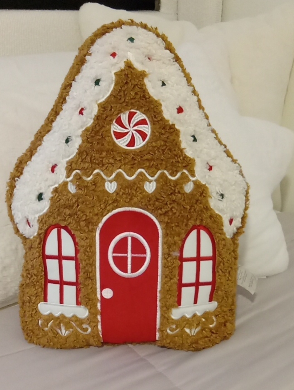 Christmas Gingerbread House Decorative Pillow - Red & White And Camel